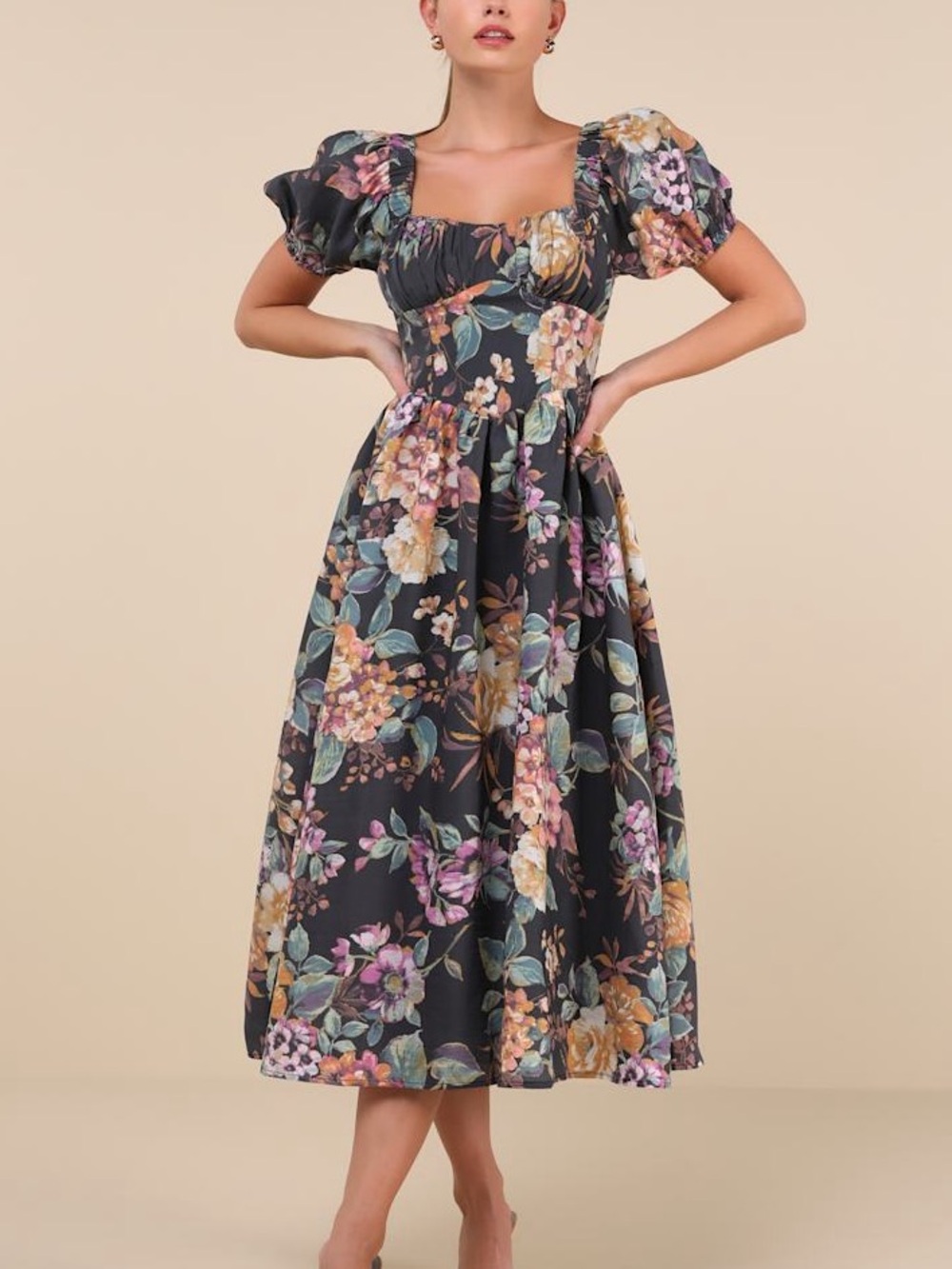 Lulus Floral Puff Sleeve Midi Dress